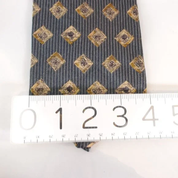 BRUTUS Men's Denim Blue Ivory Geometric Art Striped Necktie Silk Diamond Classic - Picture 7 of 10